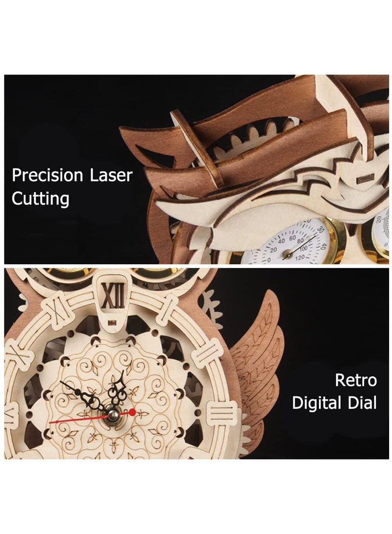 ساعة بومة خشبية ثلاثية الأبعاد لتزيين الحائط ، نموذج ساعة البومة المُجمَّعة يدويًا مع وظيفة عرض درجة الحرارة والرطوبة ساعة البومة لغز ميكانيكي لتزيين المنزل والمكتب - Image 5
